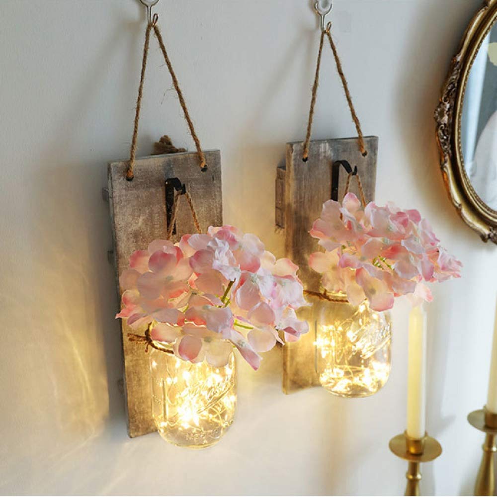 Riaxuebiy Mason Jar Sconces, Home Decoration, Rustic Wall Sconces, LED Fairy Lights, Green Fake Plant Flower Interior Decoration (GreyBoard-pinkFlower)