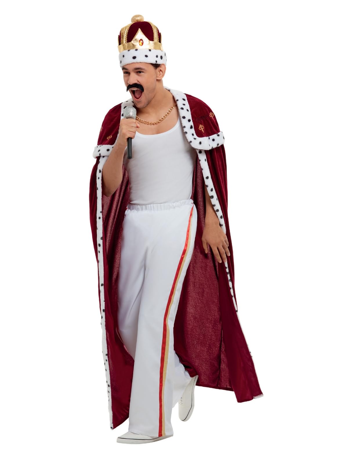 Smiffys Queen Deluxe Royal Costume, Red with Robe, Trousers, Crown & Moustache, Officially Licensed "Queen" Fancy Dress, Adult Music Dress Up Costumes, Music legend costume