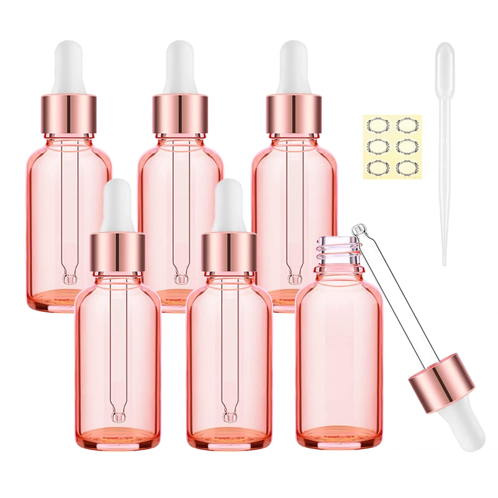 Alledomain 6Pcs, 10ml Rose Gold Glass Bottles with Dropper Pipettes, Mini Empty Dropper Bottles Rose Gold Aluminum Alloy Cap Refillable Sample Container for Essential Oil/Massage Oil/Chemical Liquid