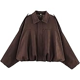 Xunger Women's Faux Suede Bomber Jacket Spring Lapel Pilot Coat Casual Oversized Long Sleeves Trendy Streetwear Outerwear