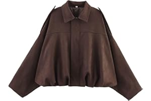 Xunger Women's Faux Suede Bomber Jacket Spring Lapel Pilot Coat Casual Oversized Long Sleeves Trendy Streetwear Outerwear