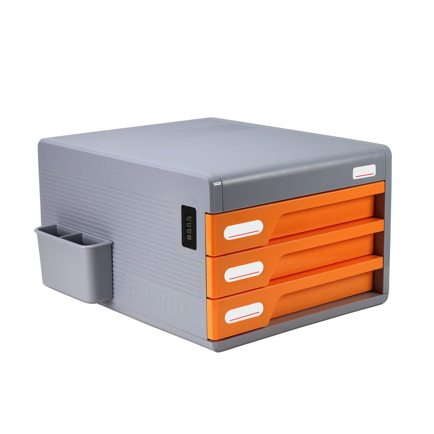 La Boîtes à fichier,Evertop Organiseur de bureau avec serrure à combinaison fichier armoire Fournitures de bureau Boîte de rangement de bureau avec rangement latéral (3 Tiroirs Orange)