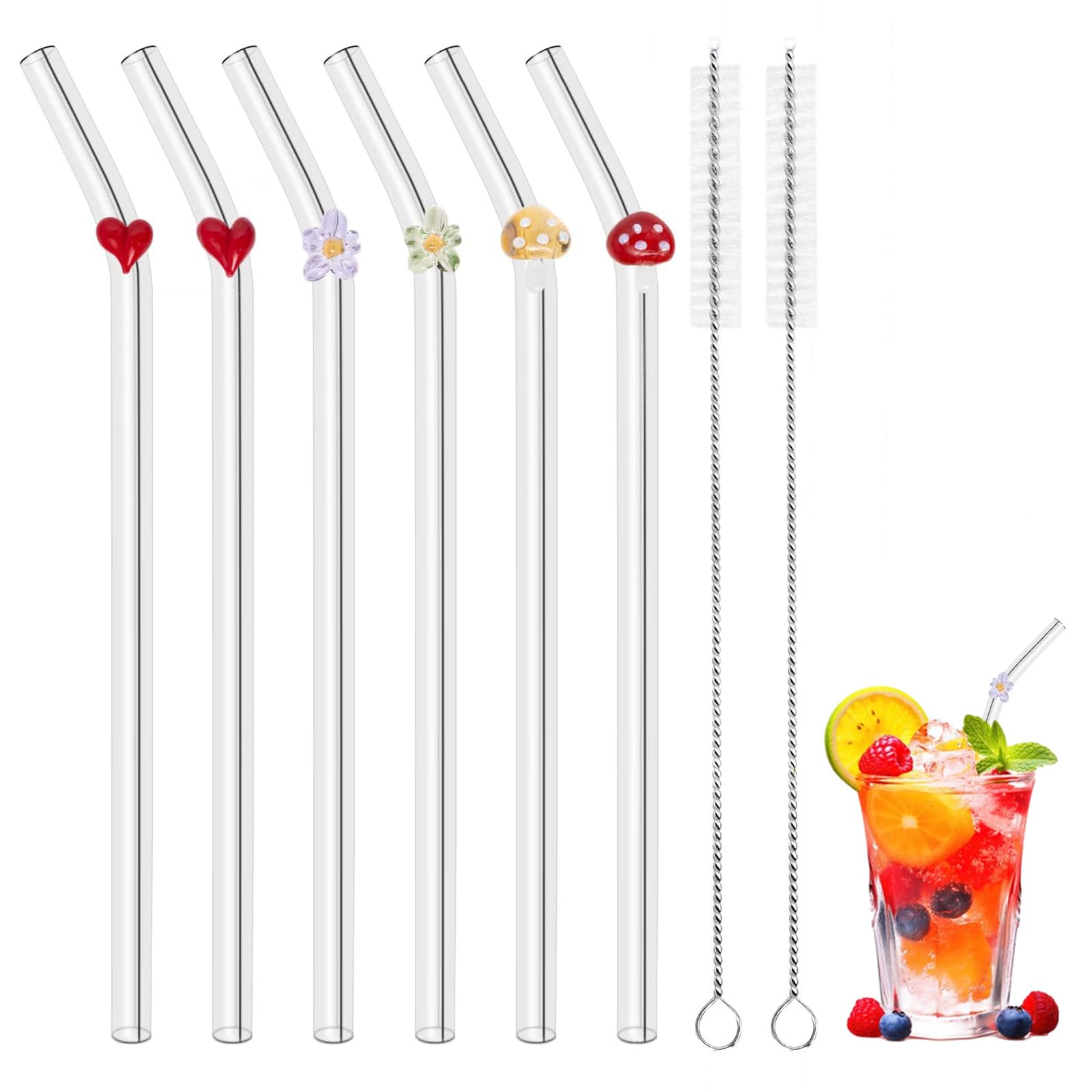 6 PCS Glass Straws with Different Charms, Cute Reusable Straws with 2 PCS Cleaning Brush, Bent Glass Straw for Smoothies Cocktail Juice Coffee Milkshakes, 20cm (Colour 1)