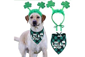 PAWSKIDO St Patricks Day Dog Costume, Green Shamrock Headband and Buffalo Plaid Pet Bandana