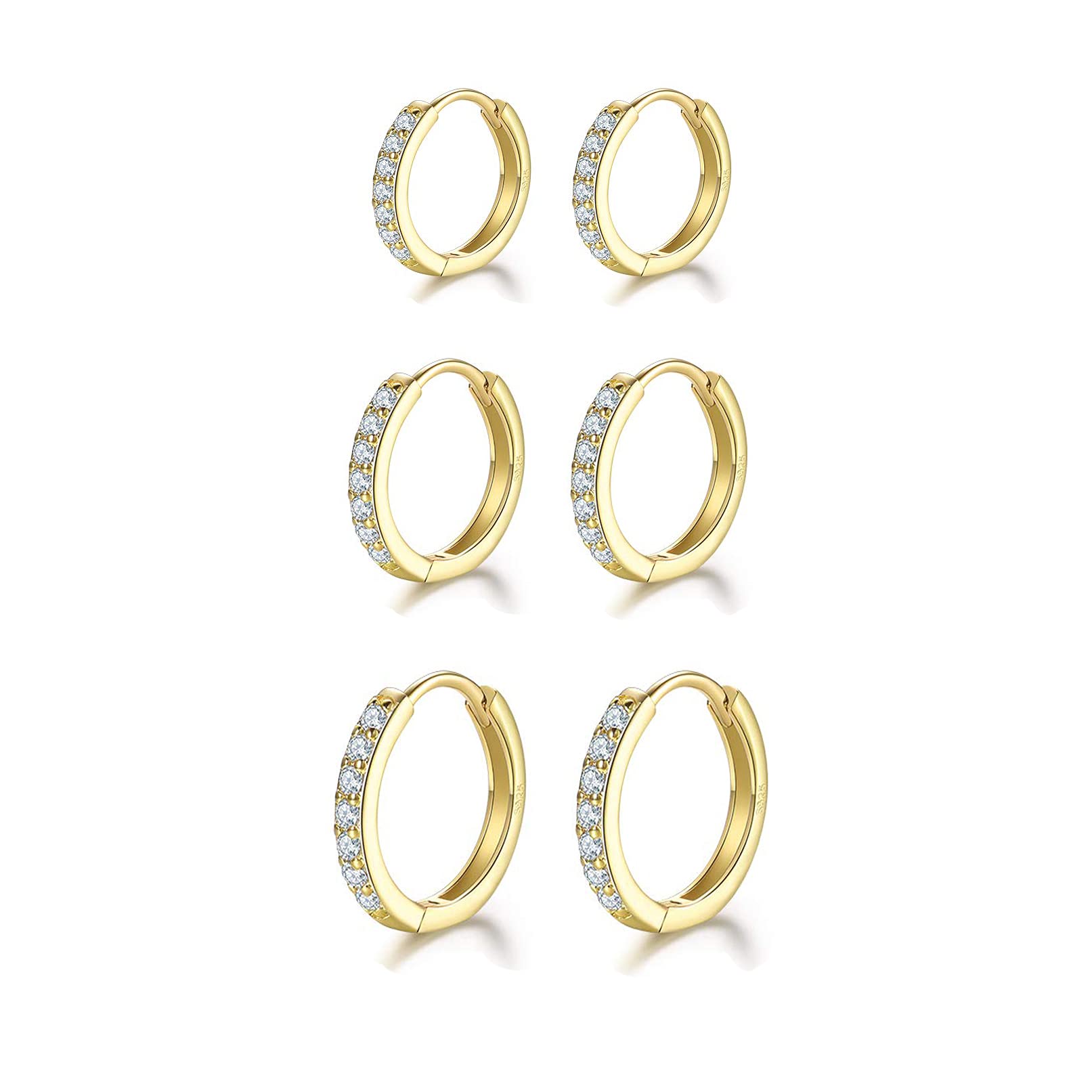 925 Sterling Silver Hoop Earrings,3 Pairs Hypoallergenic Huggie Small Hoop Earrings with AAA+ Cubic Zirconia for Women Girls (Silver/Gold/Rose Gold)