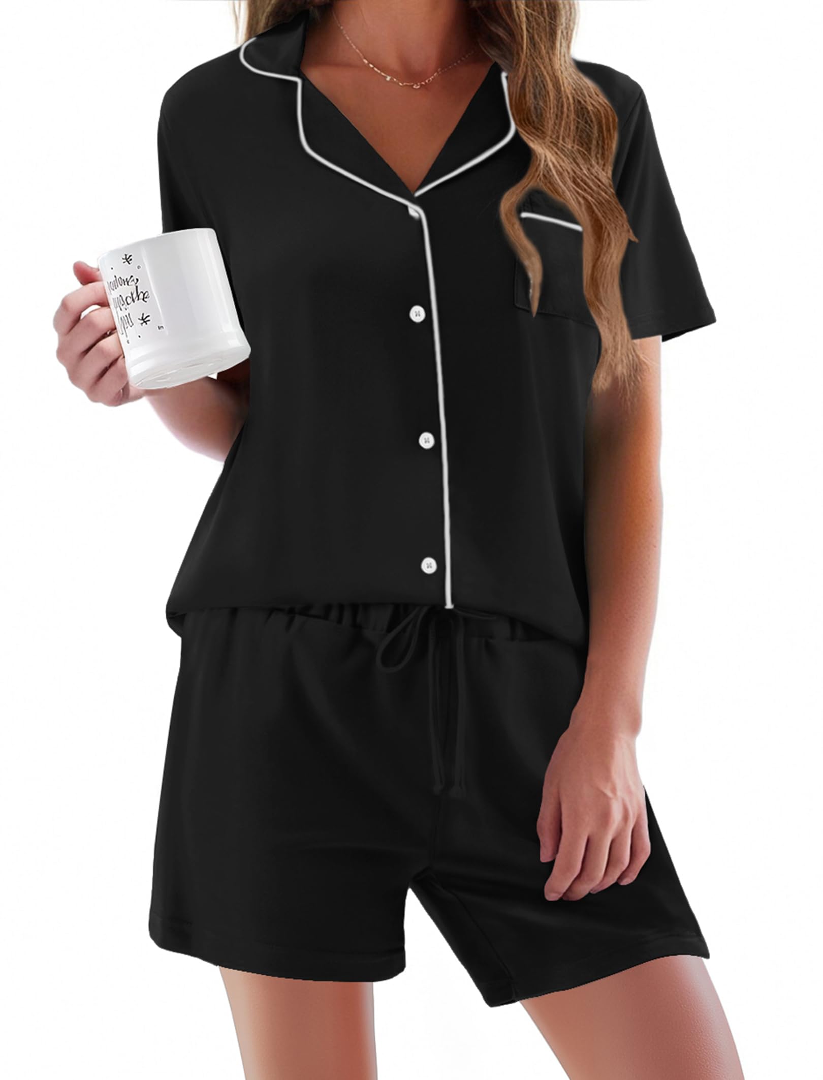 Photo 1 of Ekouaer Pajamas Set for Women Short Sleeve Sleepwear Button Down Pjs Soft 2 Piece Lounge Sets Black X-Small
