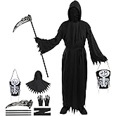 ULEMON Halloween Grim Reaper Costume for Adult Men Scary Reaper Costume with Skeleton Scythe Gloves Candy Bag Halloween Horror Death Cosplay Outfits