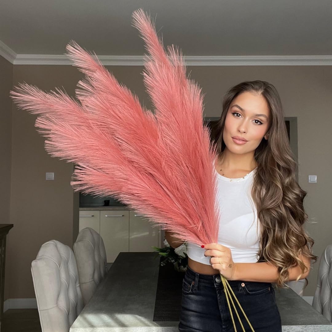VOULUX Extra Large Tall Rose Pink Fake Faux Artificial Pampas Grass Large Fluffy x3 115cm Stems x18 Decorative Artificial Flora Feathers For Floor Vases Tall Pink Plant Flowers Long Pampas Grass — image 1