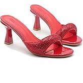 SIYAKE Women'S Leather One Strap Square Open Toe Kitten Heel Slide Sandals Sexy Slip-On Stiletto Mule Sandals Wedding Party Evening Prom Backless Dress Slipper Pump Shoes