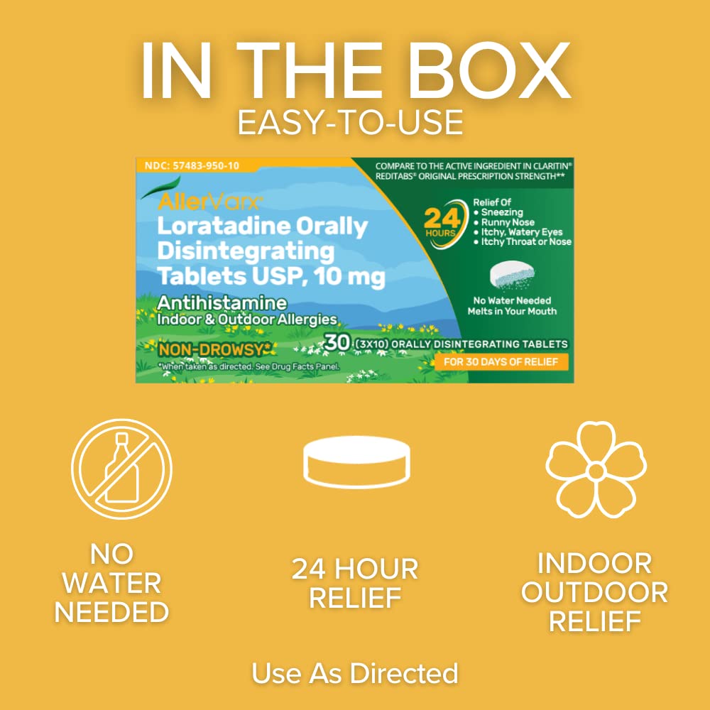 Allervarx Loratadine Orally Disintegrating Tablet (2-Pack) 10mg, 24 Hour, Allergy Relief for Adults, Non-Drowsy Antihistamine