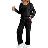 Dokotoo Women's 2 Piece Lounge Set Casual V Neck Sweatshirt Fashion Travel Wide Leg Tracksuit Sweatsuits Outfits