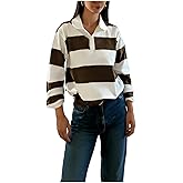 GORGLITTER Women's Striped Rugby Shirt Oversized Colorblock Long Sleeve Collar Fall Loose Y2K Jersey Tee Top