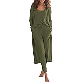 Eurivicy Womens Lounge Set Waffle Knit 3 Piece Pajama Sets Tank Tops Loose Pants with Long Cardigan Loungewear 2025
