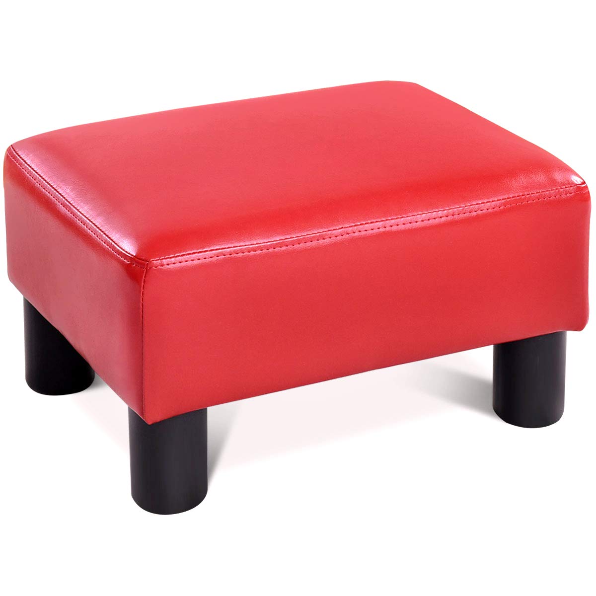 Giantex16" Small Footstool PU Leather Ottoman Footrest, Modern Rectangular Ottoman with Padded Seat Plastic Wood Legs (Red)
