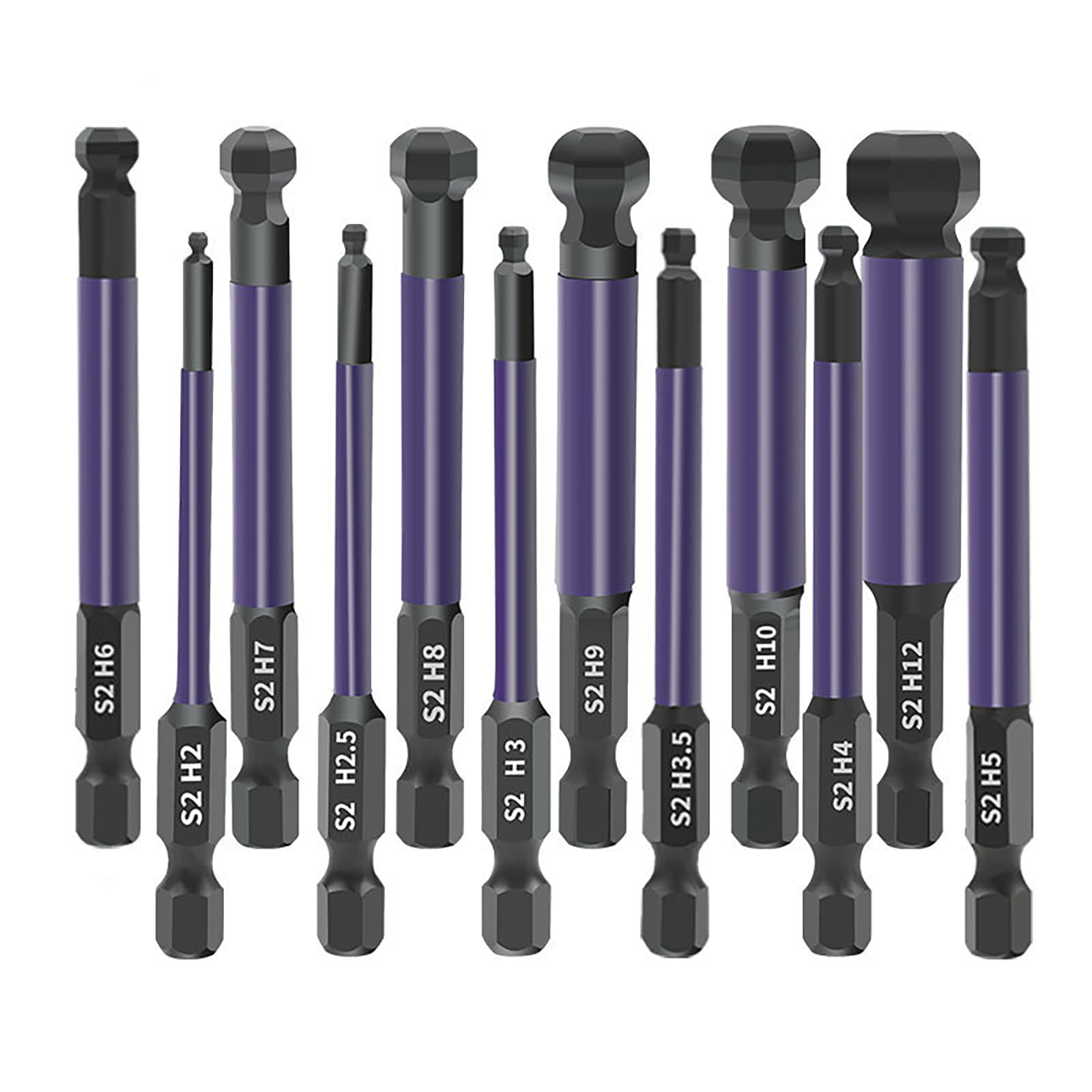 12 Pcs Allen Key Drill Bit Set,Screwdriver Bit Sets,Ball End Allen Hex Key Set S2 Steel,1/4” Hex Shank Magnetic Allen Wrench Screwdriver Bits,65mm Phosphating Treatment Purple H2-H12