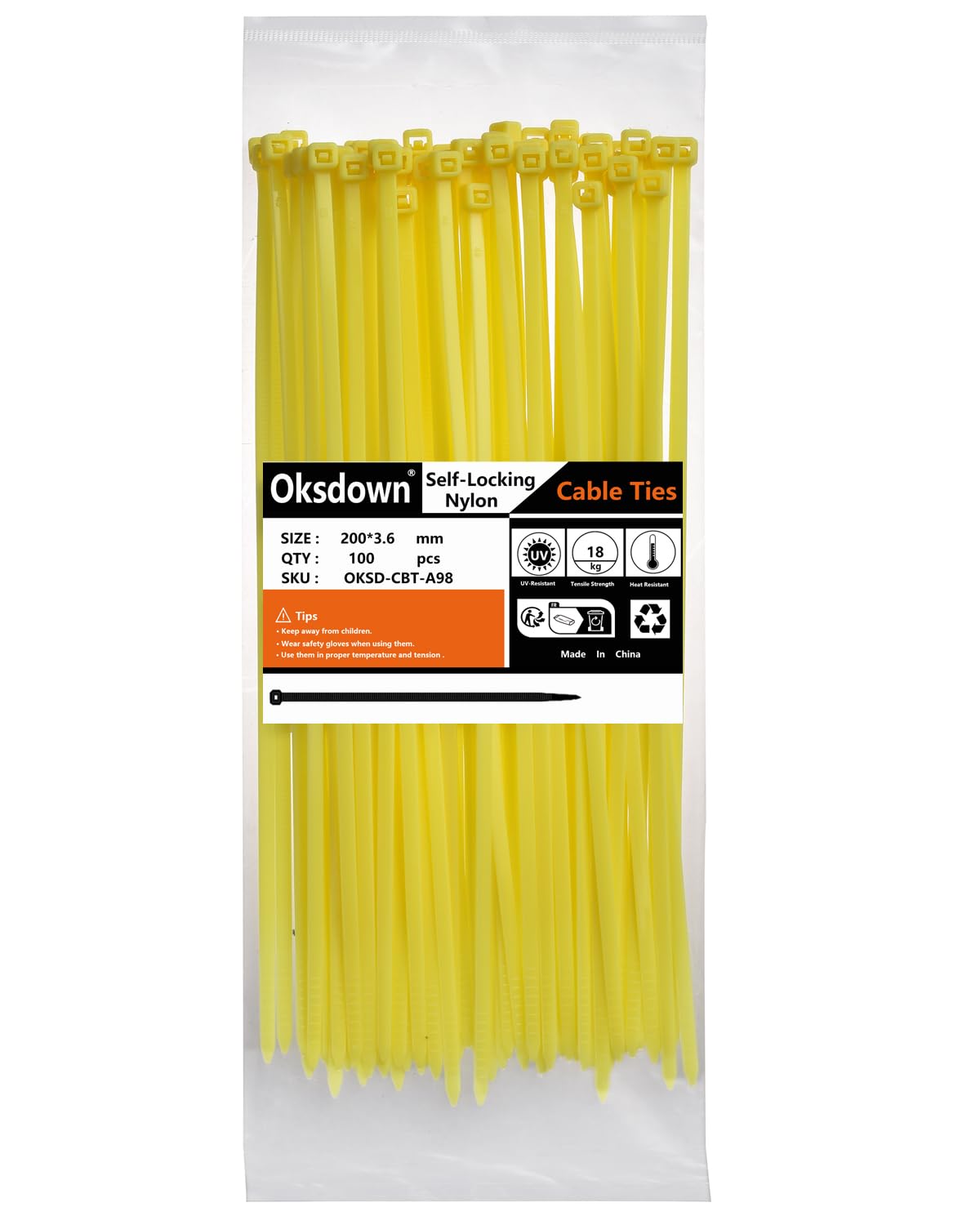 Oksdown 100 Pack Yellow Plastic Cable Ties 200mm×3.6mm Heavy Duty Nylon Garden Zip Tie Multi Purpose Premium 8 inch/20 cm Tie Wraps — image 1