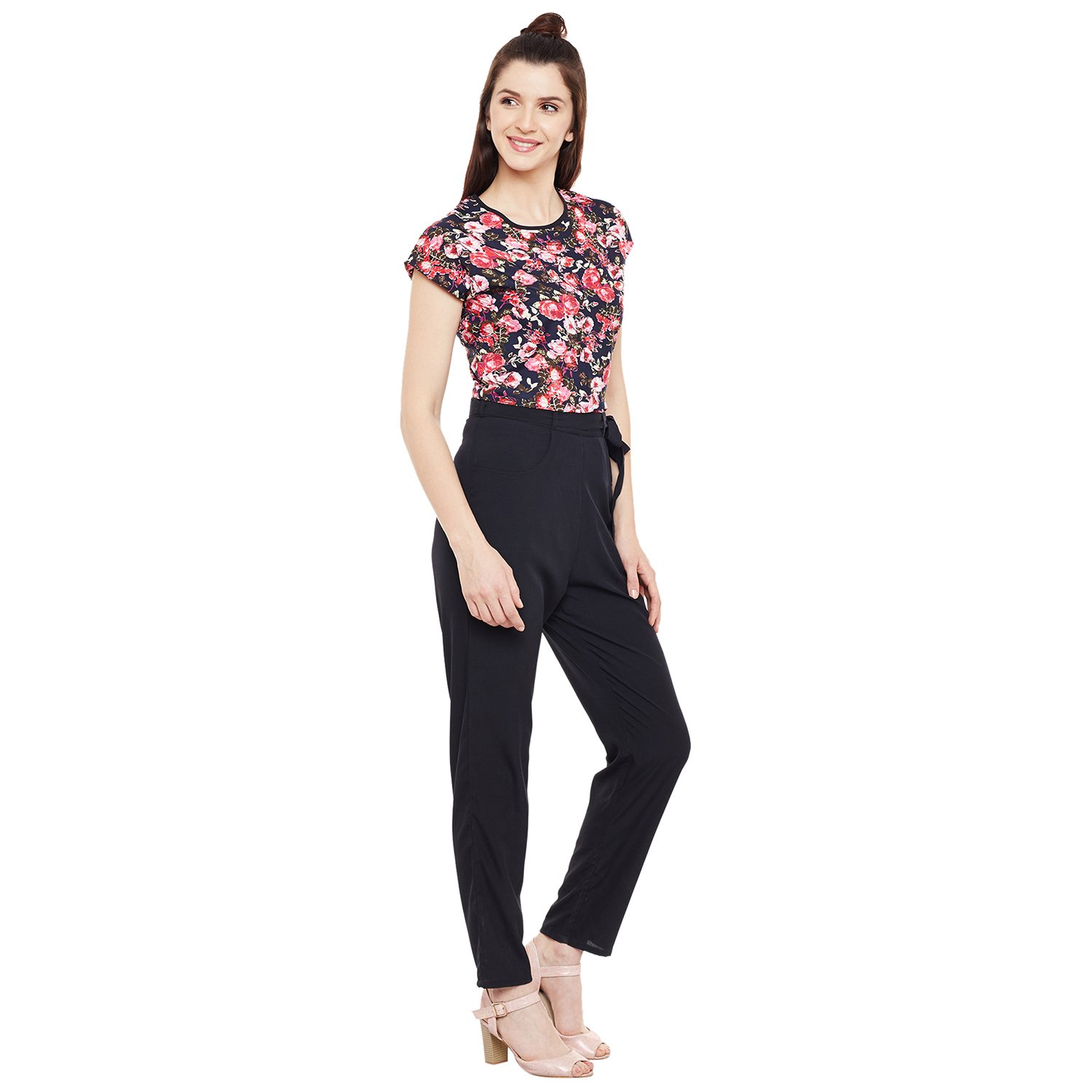 florrie fusion women's black crepe designer floral long length jumpsuit