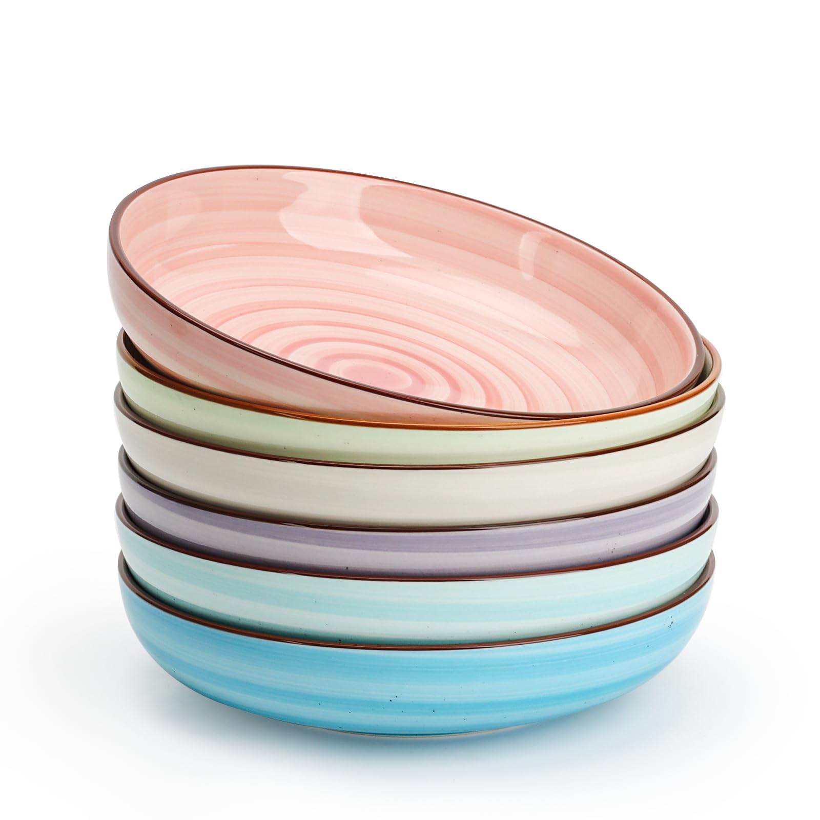 KitchenTour Large Pasta Bowls 34 oz, Ceramic Salad Serving Bowls Set of 6, 8.6 Inch Wide and Shallow Bowl for Soup- Dishwasher and Microwave Safe, Assorted Warm Colors Image