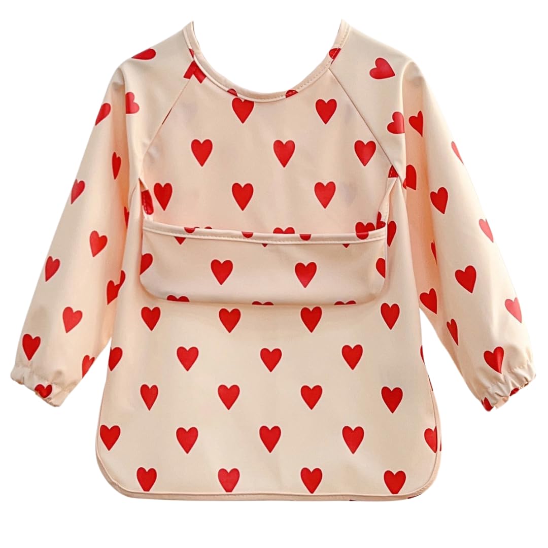 Alimos Long Sleeved Baby Bib 12-36 Months - Reversible Front Pocket for Baby Led Weaning - Waterproof & Easy to Clean - Ideal for Messy Mealtime - Cute & Practical Baby Feeding Bib (Hearts)