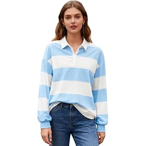Suagox Women Striped Rugby Shirt Color Block Polo Sweatshirt | Lapel Neck Collared Long Sleeve Oversized Jersey Tops