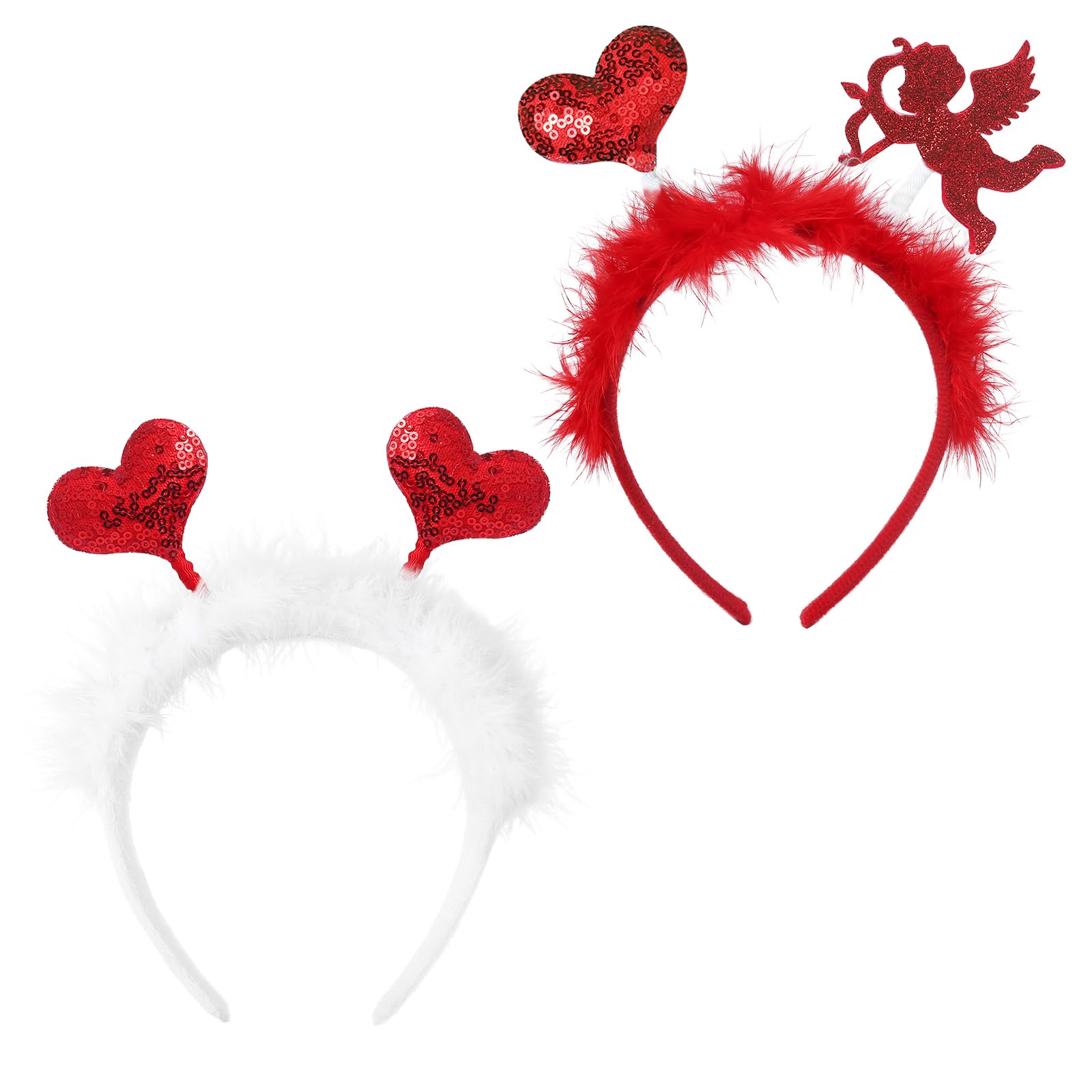 Nenjindz Heart Headbands Sequin Covered Heart Hair Hoops,Valentine's Day Boppers for Women Girls Angel Hairbands with Feathers for Festival Party Headwears(2 Pieces)