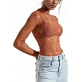 dzmelzu Womens Lace Top Long Sleeve Mesh Tops for Women Mock Neck Floral Sheer See Through Shirts for Party Club Casual Brown
