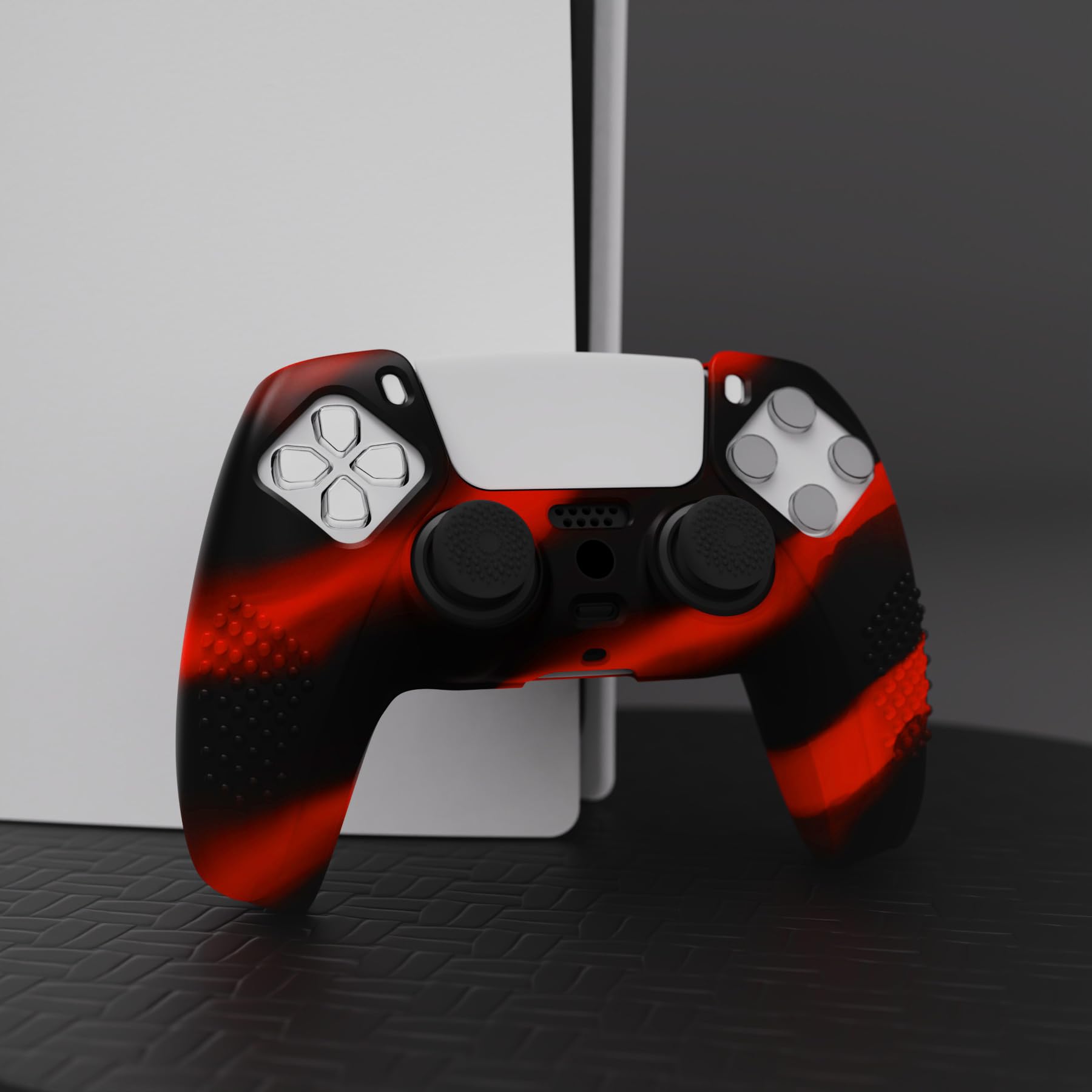 eXtremeRate PlayVital 3D Studded Edition Anti-Slip Silicone Cover Skin for ps5 Controller, Soft Rubber Case Protector for ps5 Wireless Controller with Thumb Grip Caps - Red & Black