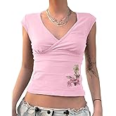 BAIGRAM Women Y2K Grunge Floral Embroidery Cap Sleeve Wrap V Neck Crop Tshirt Tops Slim Fit Cottagecore Girls Summer Tee