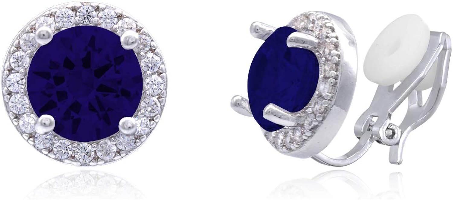 QUKE 8mm Dark Blue Cubic Zirconia Crystal Round Clip On Earrings Non Pierced Jewellery Elegant Stud For Women Girls