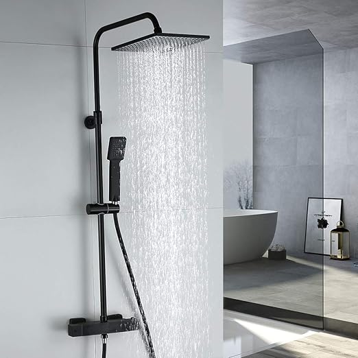 Douchekop met thermostaat, douchesysteem, zwart, vierkante douchekop