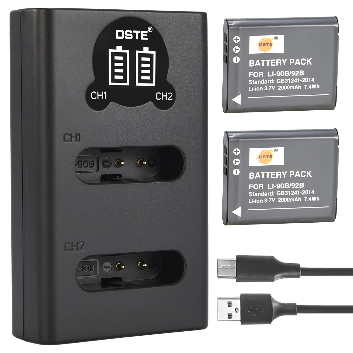 DSTE LI-90B LI-92B Rechargerable Battery (2-Pack) and Smart LED Dual USB Charger Compatible with Olympus SH-50 SH-60 SP-100 TG-1 TG-2 TG-3 TG-5 TG-6