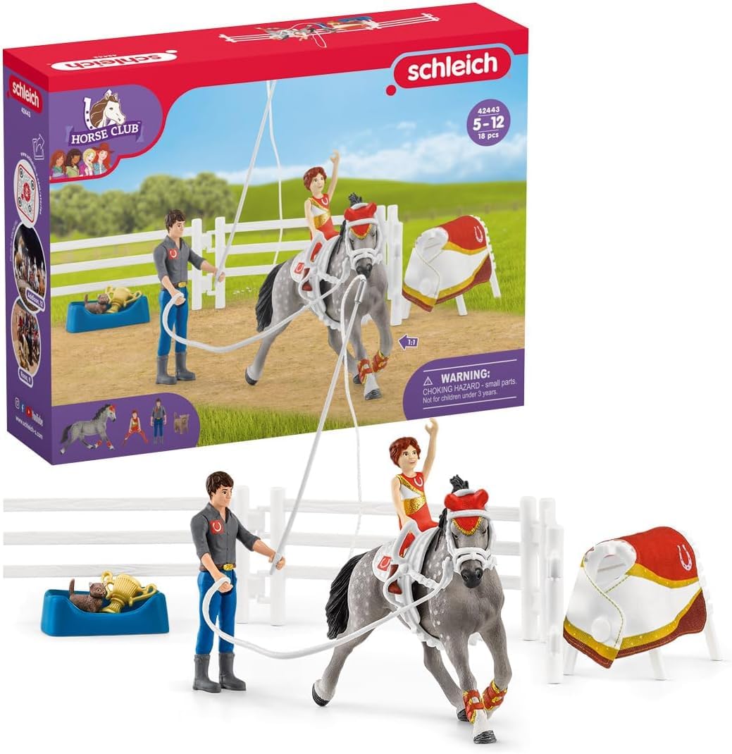 SCHLEICH HORSE CLUB — Mia's Vaulting Set, 18 Piece Horse Play Set with Rider, Horse, and Trainer, Horse Toys for Girls and Boys Ages 5-12