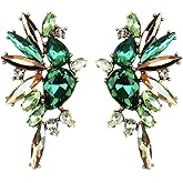 Extra LARGE Antique Retro Art Deco Vintage Style Green Emerald Peridot Citrine Champagne Chunky Statement Rhinestone Pageant Drag Queen Bridal Prom Wedding Cluster Earrings