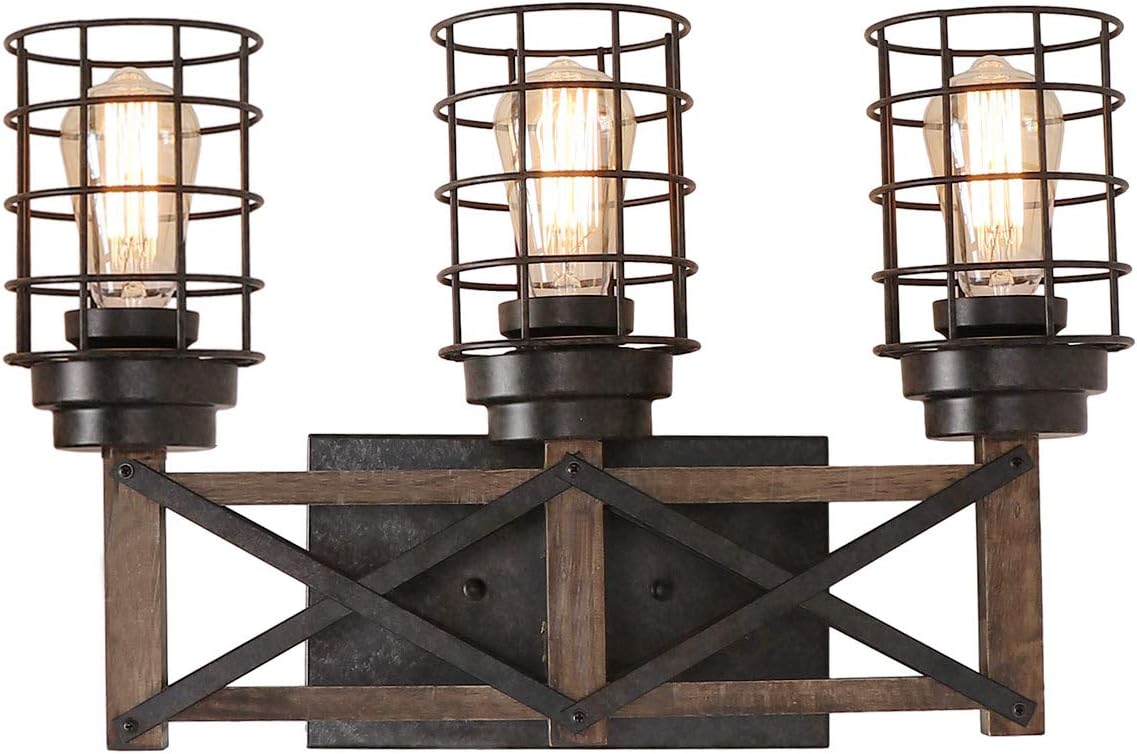 Eumyviv Industrial 3 Lights Bathroom Wood Vanity Light 19 7 L Farmhouse Metal Wire Cage Rustic Wall Sconces Vintage Edison Wall Lamp Light Fixture Black And Brown W0069 Amazon Com