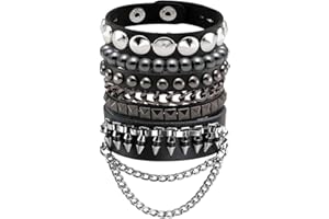 Eigso Punk Leather Cuff Bracelets for Men Women 80s Retro Hematite Rock Spikes Metal Cuff Wristband Set Adjustable for Man Woman
