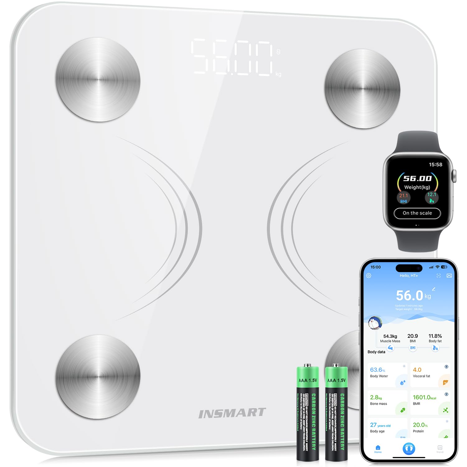 INSMART Bathroom Weighing Scales For Body Weight, Smart Digital Bluetooth Body Fat Scale Machine for Body Composition Analyzer with APP for Fitness Accurate Bmi Health Electronic (ST:LB/LB/KG)
