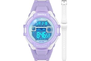 SOCICO Kids Digital Watch for Boys Girls, 2 Interchangeable Silicone Straps, 50M Waterproof & Shockproof Sports Watch with 7 