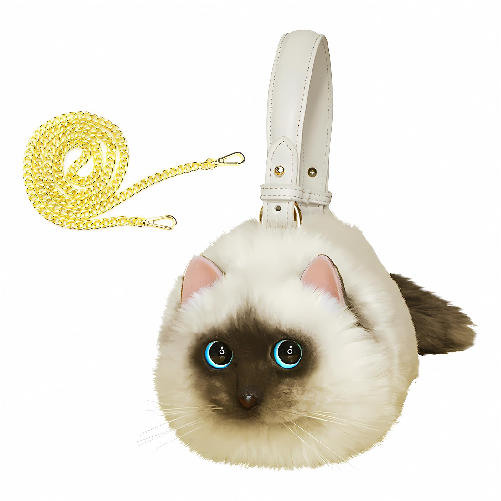 HUIJUFU Realistic Puffy Plush Cat Shaped Crossbody Handbag for Women (Siamese cat)