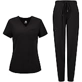 COZYFIT Medical Scrubs for Women Set - Curved V-Neck Scrub Top & Jogger Pants with 8 Pockets