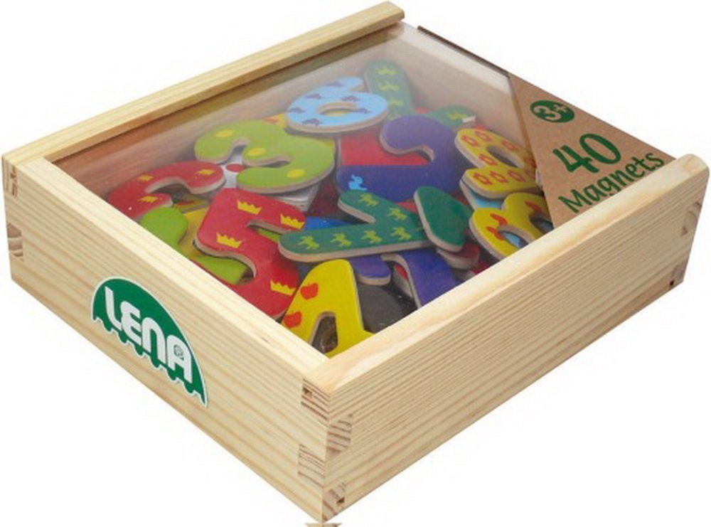 Lena 65824 Magnetic Numbers and Calculation Signs in Wooden Box, with 40 Magnetic Signs for Calculating in Lockable Box Made of Wood, Rake Set with Wooden Numbers for Children from 3 Years, Multicoloured