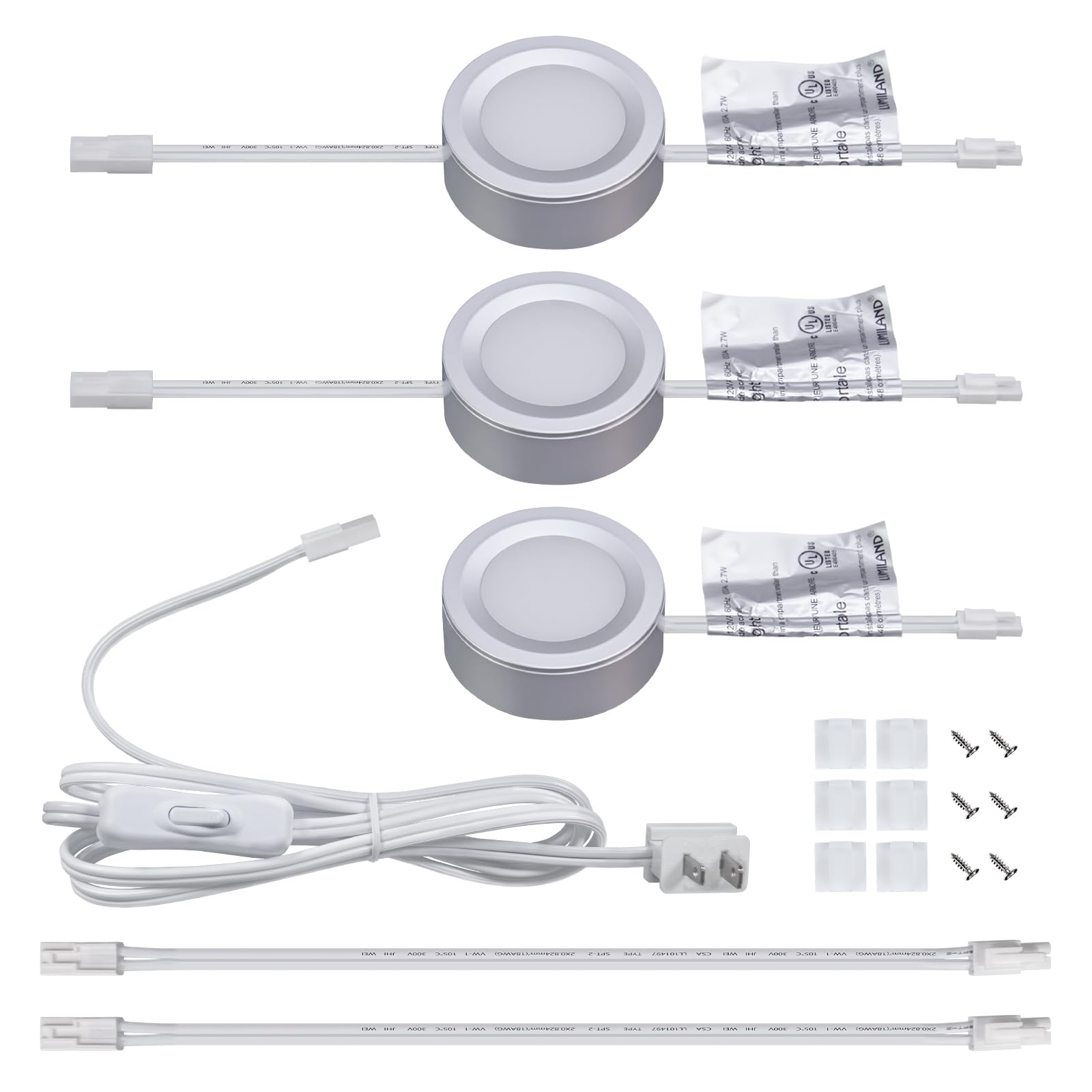 Photo 1 of LUMILAND Wired LED Puck Lights Kit 2.68" Wide 3000K, 120V Plug-in or Hardwired Installation with Recessed or Surface Mounted, Silver Grey, Set of 3
