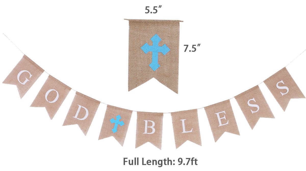 Burlap Communion Party Banner, Baptisim Christening Decoration God Bless Banner, Swallow-Tailed DIY Decoration for Wedding, Baby Shower Party (Blue)