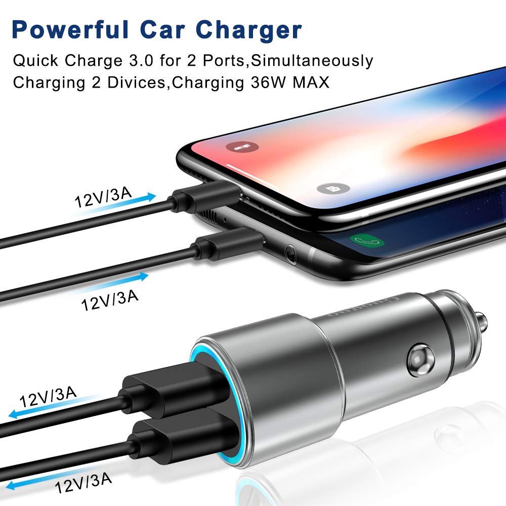 Car Charger,Adapter for iPhone 6/6s/7/8/XS/Max/XR,Samsung Galaxy S7/S8/S9/S9Plus,LG G5/6/7/V30/V40 and Other Smartphones/Tablets,Dual QC3.0 USB Cigarette Lighter