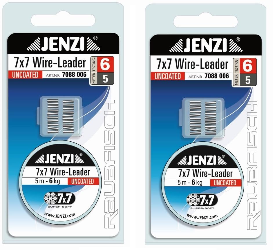 Set of 2 Jenzi steel leaders, Powerflex, 7 x 7, 6, 9, 12, 15 or 20 kg, with 20 clamping sleeves leader + free Petri Heil! sticker (6 kg)