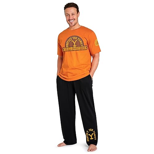 Yellowstone Mens Pyjamas Set, Comfortable Cotton Loungewear - Gifts for Him (Orange/Black, M)