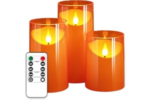 NURADA Flameless Candles with Remote Timers - 3D Wick Battery Operated LED Electric Fake Candles Realistic for for Halloween Thanksgiving Dinner Tables Wedding Party Home Fall Decor - 3 Pack Orange