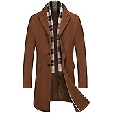 COOFANDY Men's Wool Blend Coat with Detachable Plaid Scarfs Notched Collar Single Breasted Pea Coat Trench Overcoat