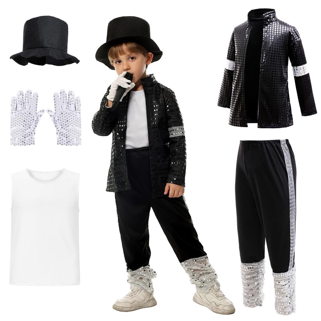 Lito Angels Pop Super Star Costume 6pcs Set for Boys Kids, 80s 90s Retro Black Sequin Jacket Trousers Hat Glove, Stage Outfit Halloween Dance Performance Age 8-9 Years