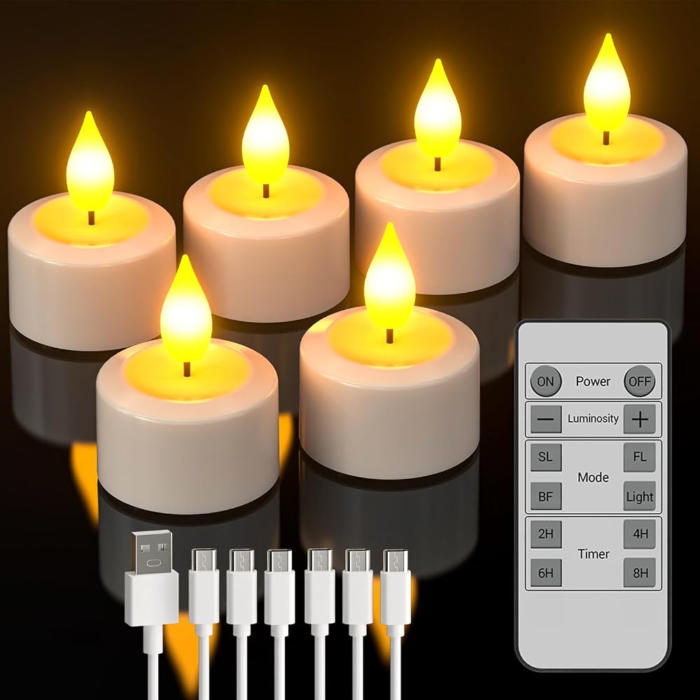 SoulBay Rechargeable Tea Lights 6 Pack with Remote Timer USB-C Candles