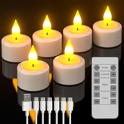 SoulBay Rechargeable Tea Lights 6 Pack with Remote Timer USB-C Candles